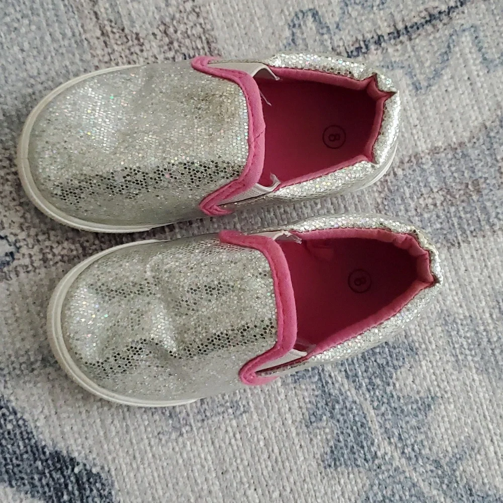 Toddler Girls Silver Coated Glitter Slip-on Sneakers Shoes Sz8